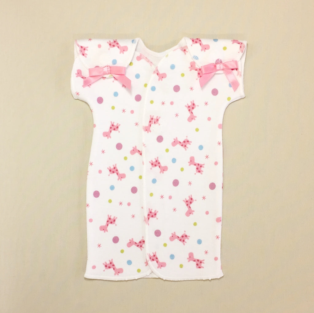 NICU Baby Gown White With Pink Giraffe Print And Velcro Shoulder Openings
