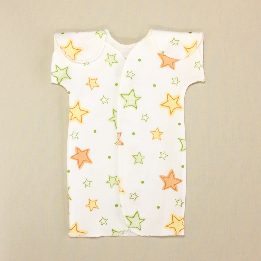 White NICU Baby Gown With Stars And Velcro Shoulder Openings