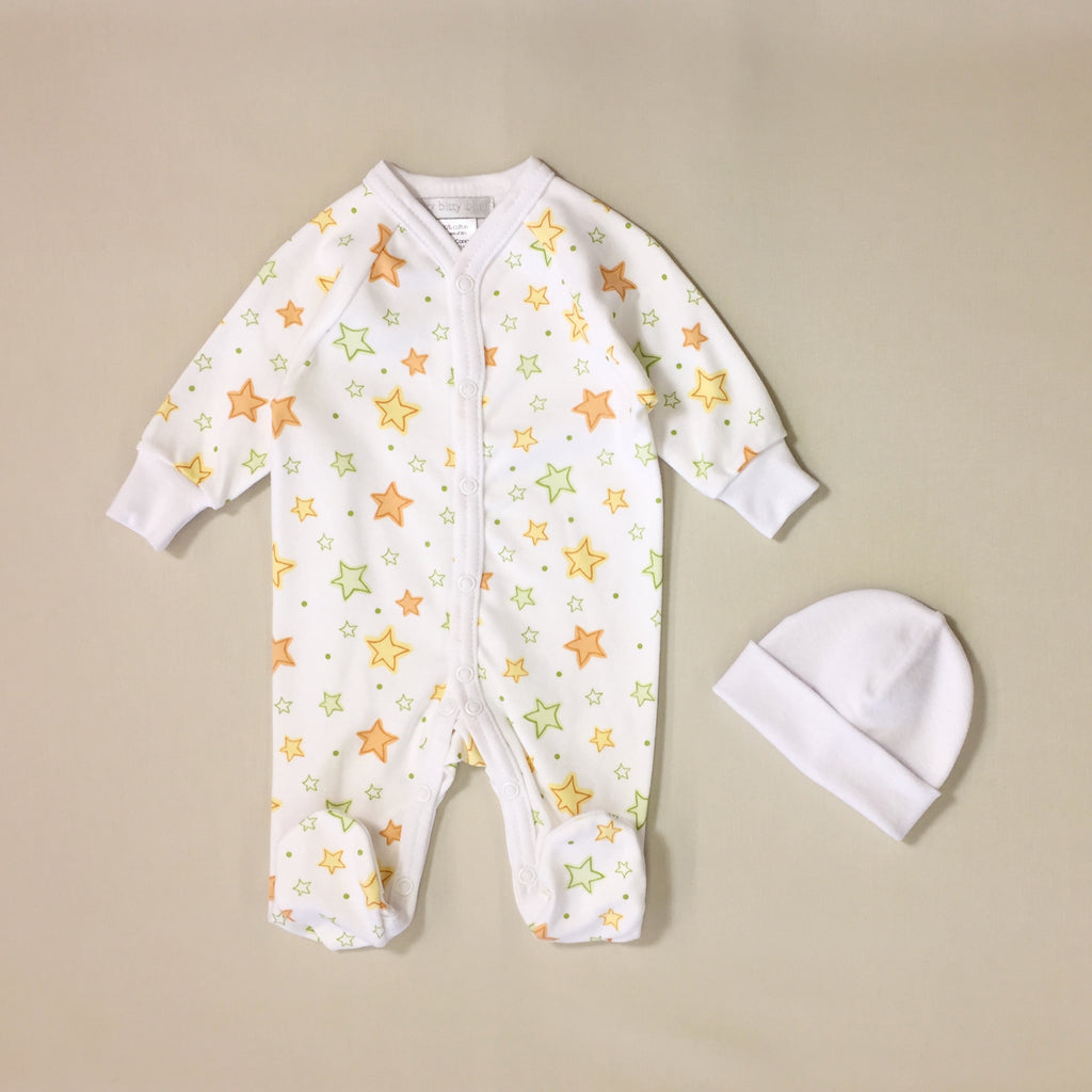 White Babygrow Set With Orange And Green Stars And Matching White Hat
