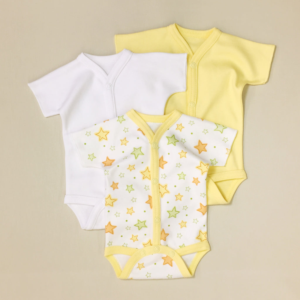 3 Pack Baby Bodysuit, One White, One Yellow, One White With Yellow Stripe With Orange And Lime stars