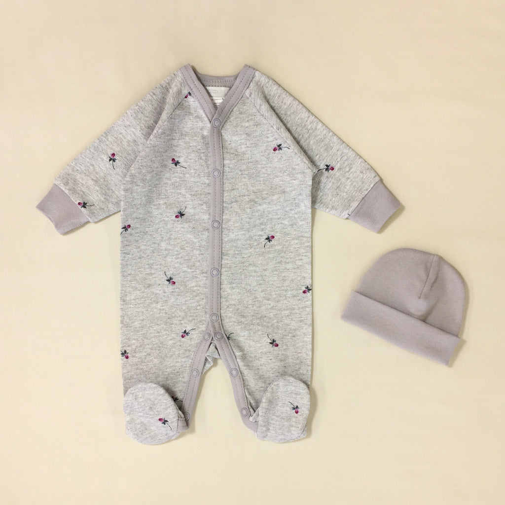 Soft Grey Babygrow Set With Small Flower And Matching Hat