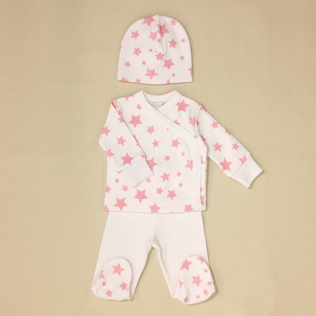 White With Pink Star Tee And Pants Set With Matching Hat