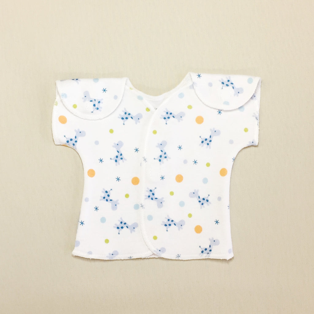 White NICU Baby Tee With Giraffe Print And Velcro Shoulder Openings