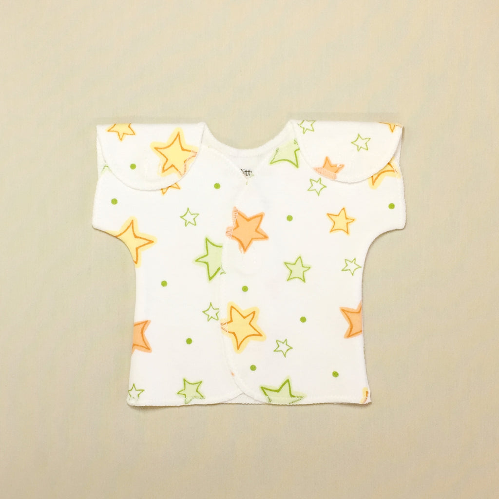 White NICU Baby Tee With Orange And Green Stars And Velcro Shoulder Openings