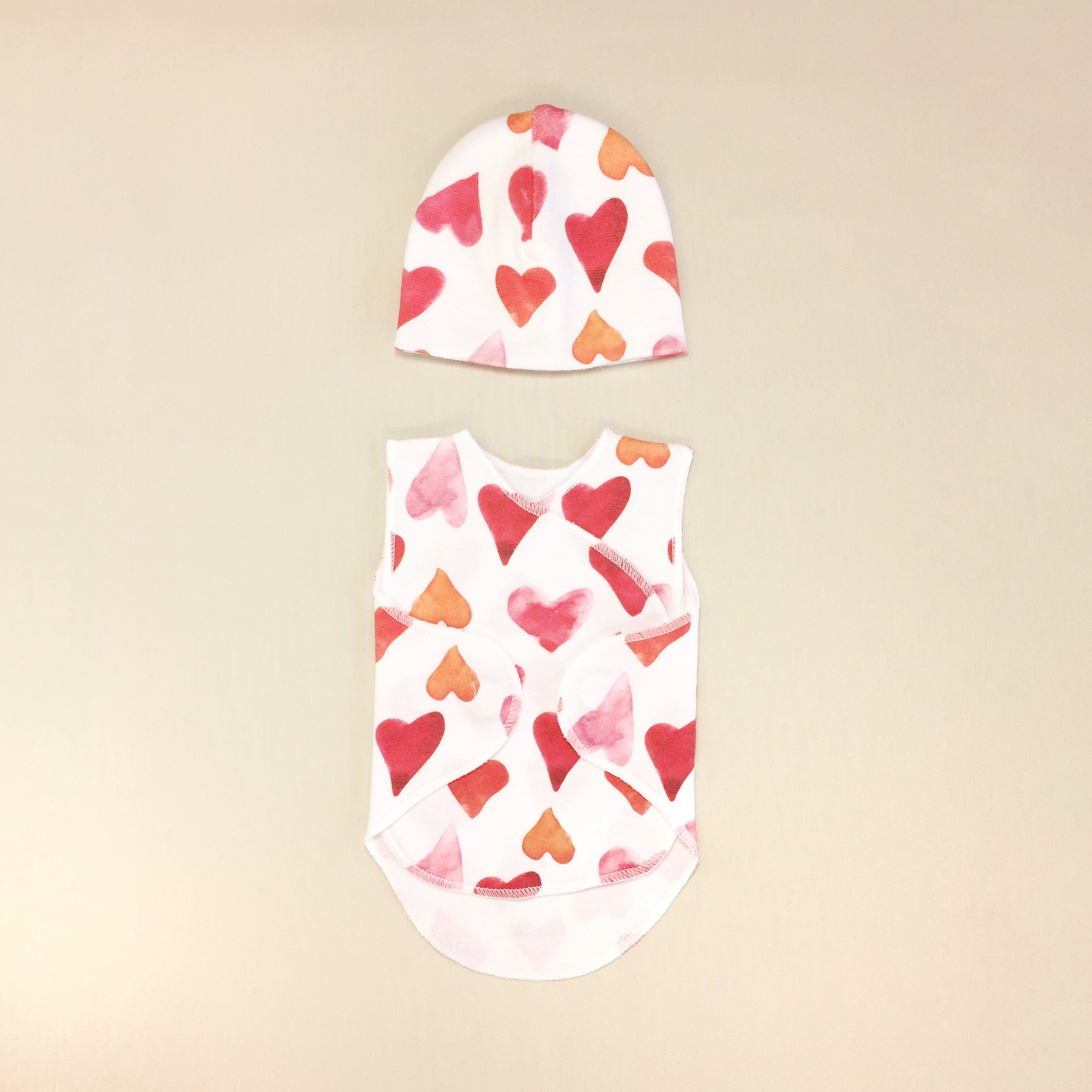 NICU Baby Wrap Set Water Colour Hearts With Matching Hat, Velcro Opening