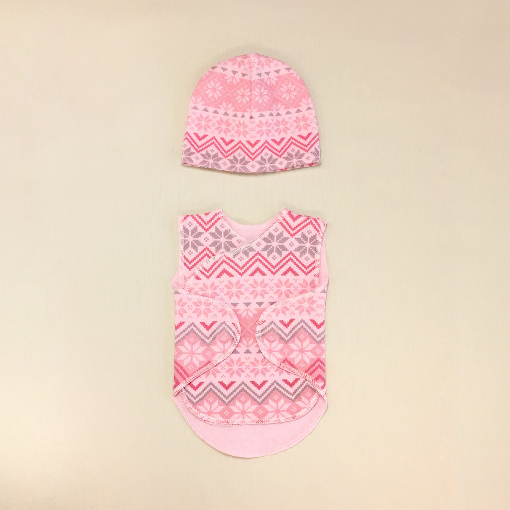 Baby Wrap Set With Zig Zag Pattern And Hat, Velcro Openings