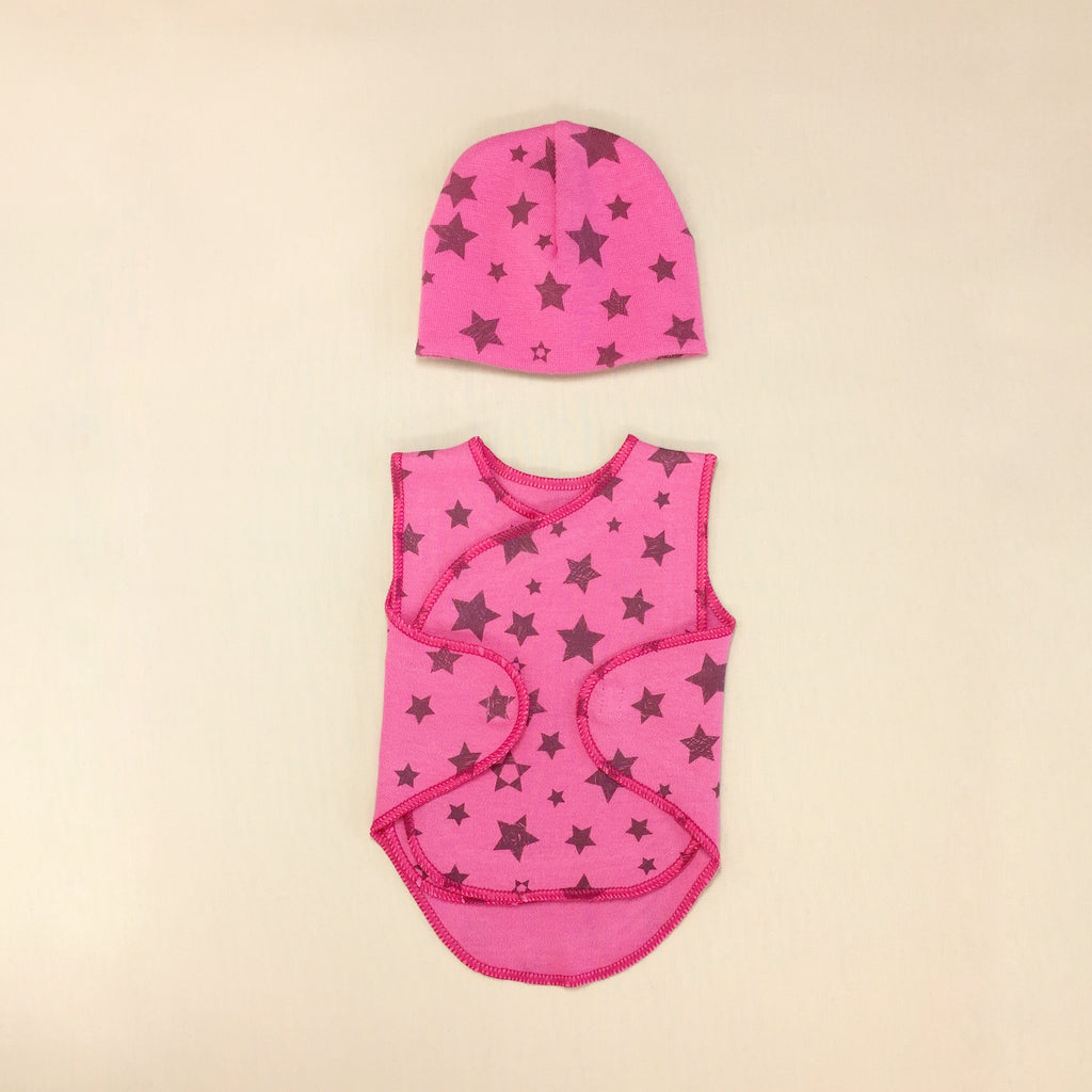 Pink Baby Wrap Set With Stars Print And Matching Hat, Velcro Openings