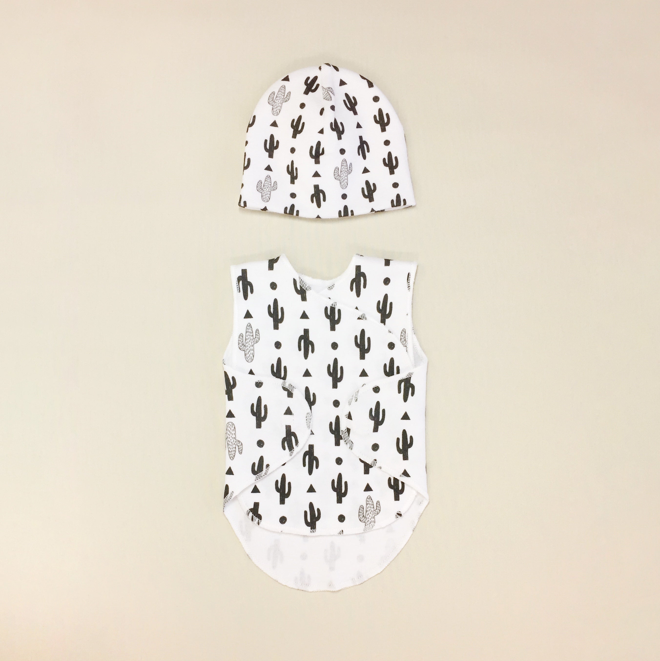 White NICU Baby Wrap With Cactus Print And Matching Hat