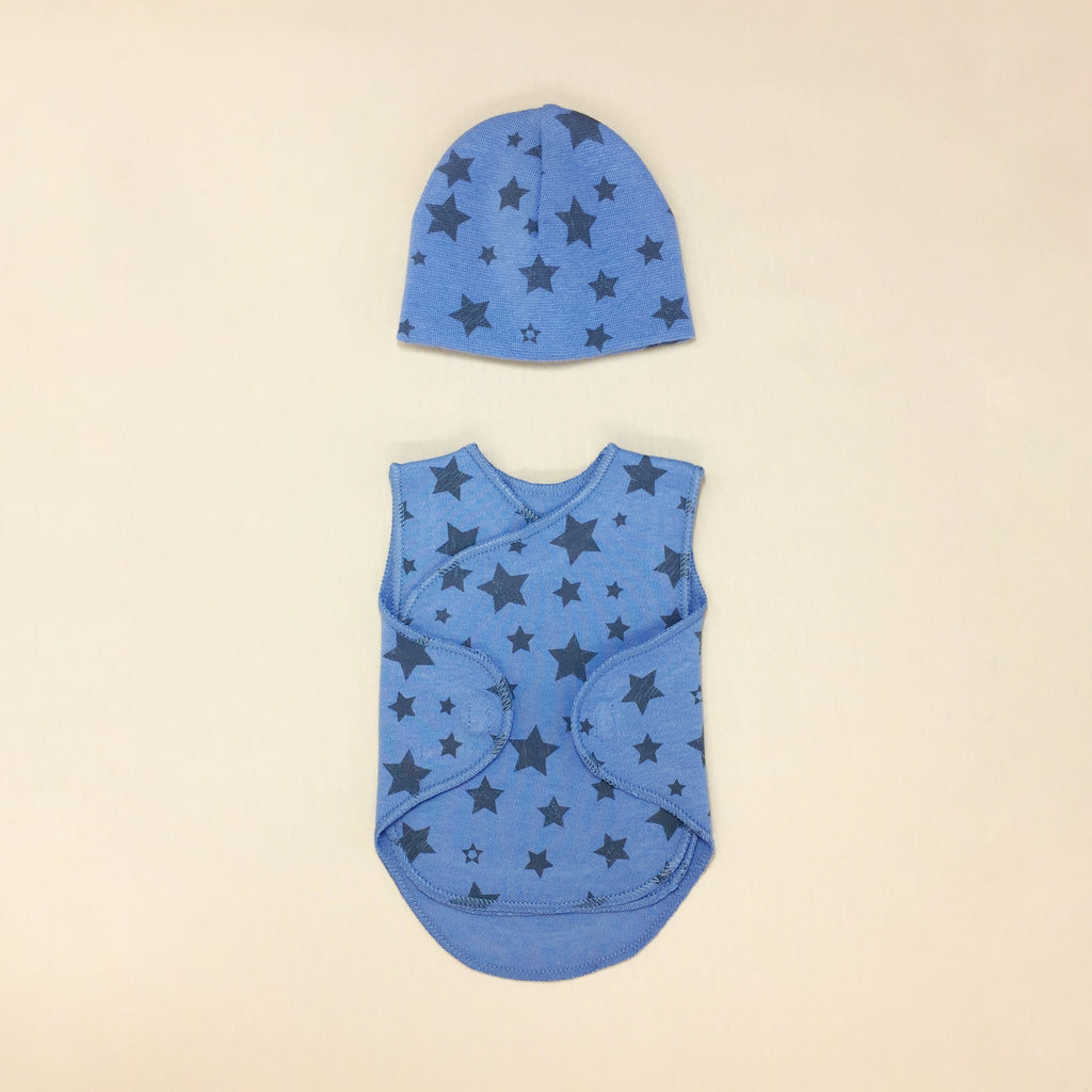 Blue Baby Wrap Set With Stars Print And Hat, Velcro Openings