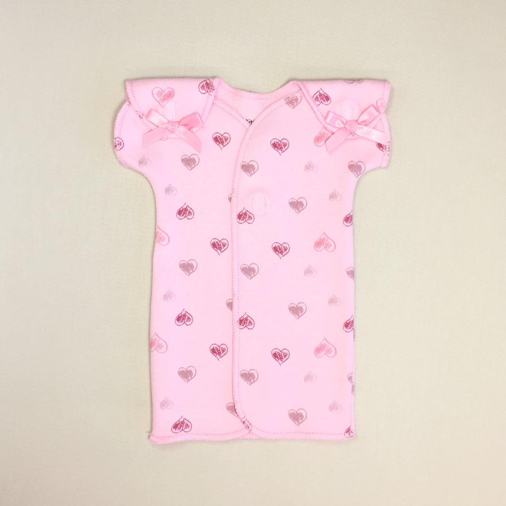 Pink NICU Baby Gown With Heart Print And Velcro Shoulder Openings