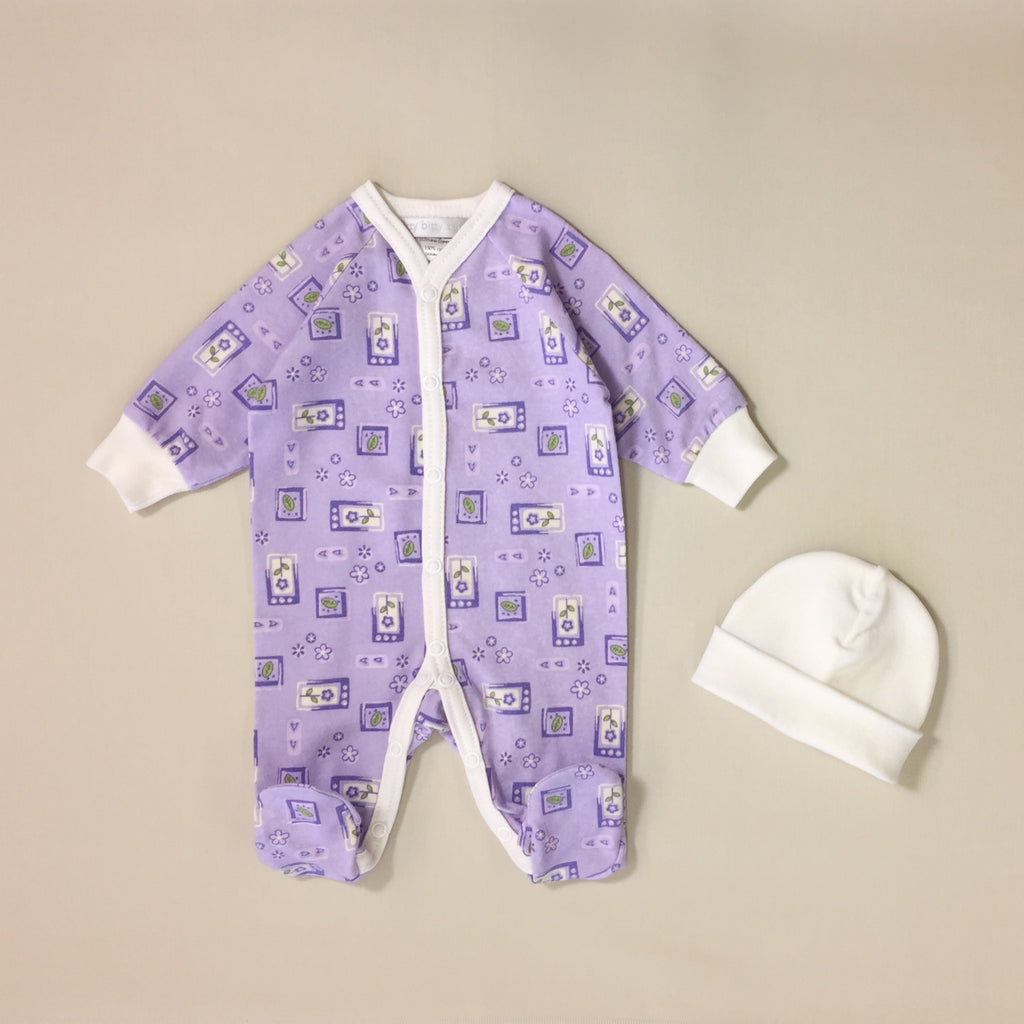 Mauve BabyGrow Set with Leaf Pattern, White Stripe And Matching White Hat