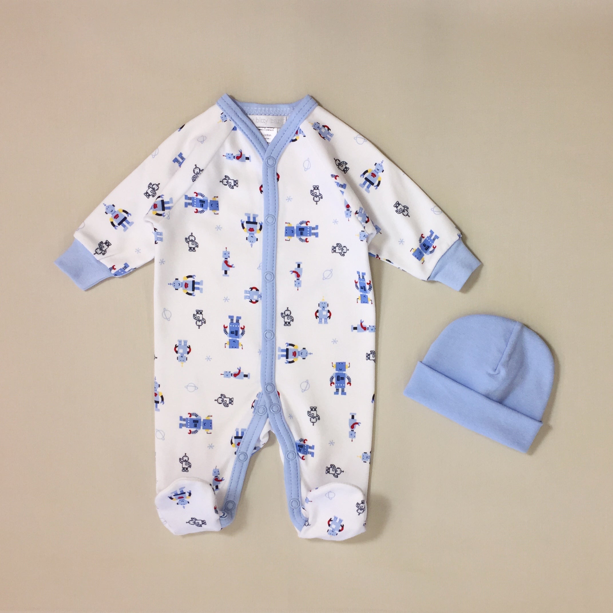 White Babygrow Set With Robot Print, Blue Stripe And Matching Blue Hat