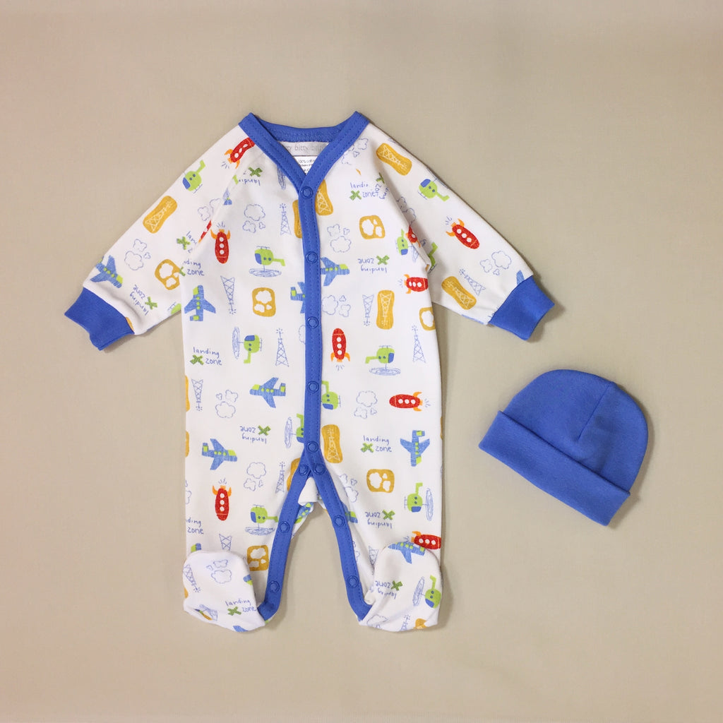 White Babygrow Set With Airplane Pattern And Blue Stripe And Blue Hat