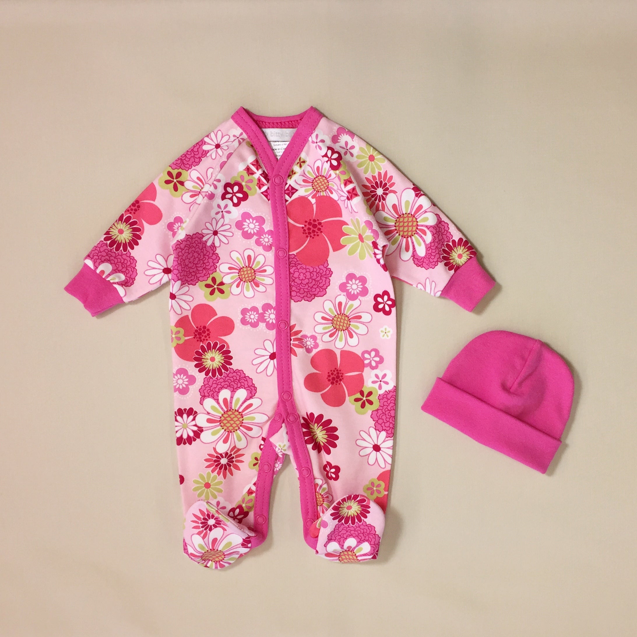 Pink Babygrow With Retro Flower Print And Matching Pink Hat
