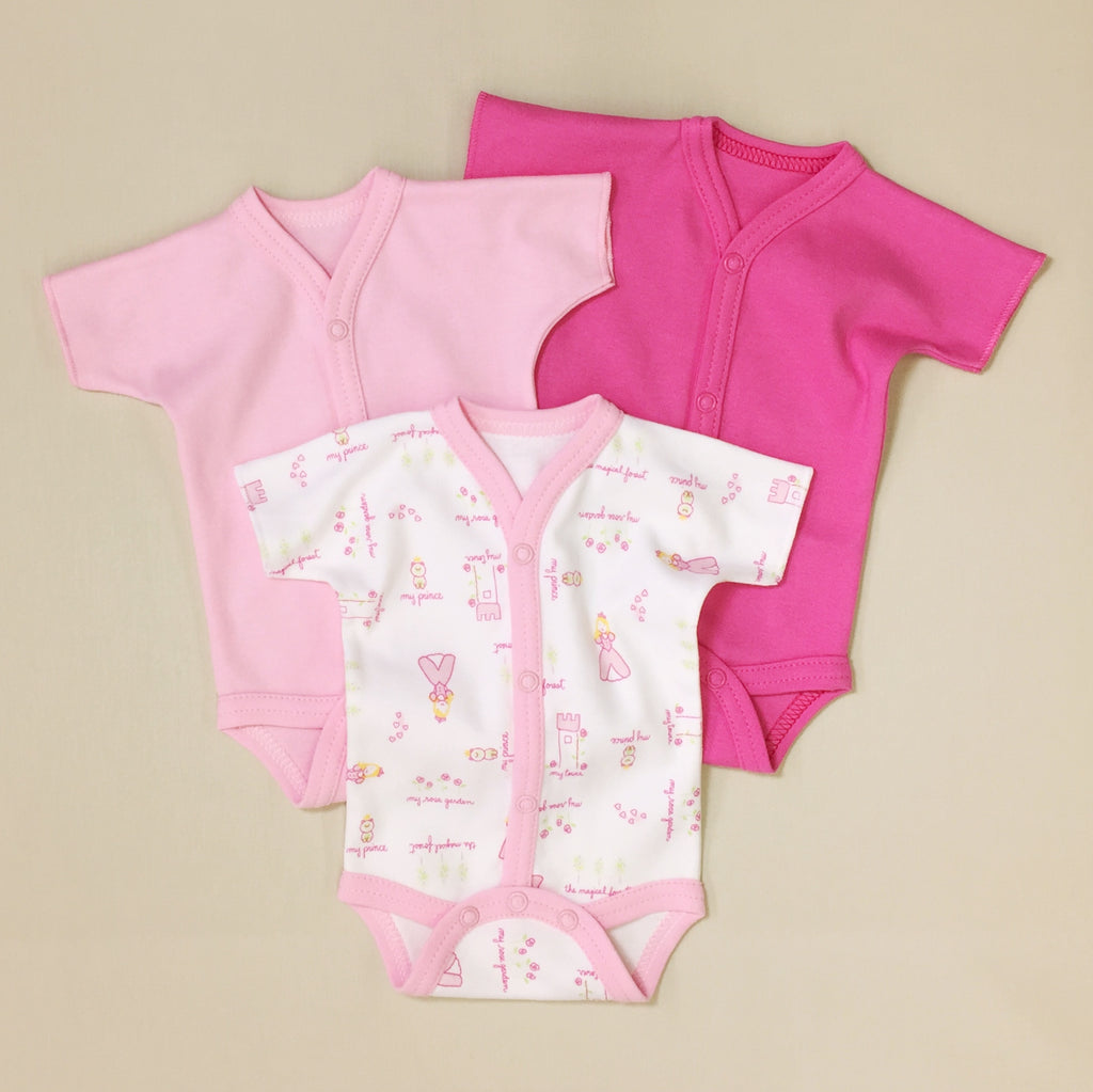 3 Pack Baby Bodysuit, One Light Pink, One Dark Pink And One White With Princess Print