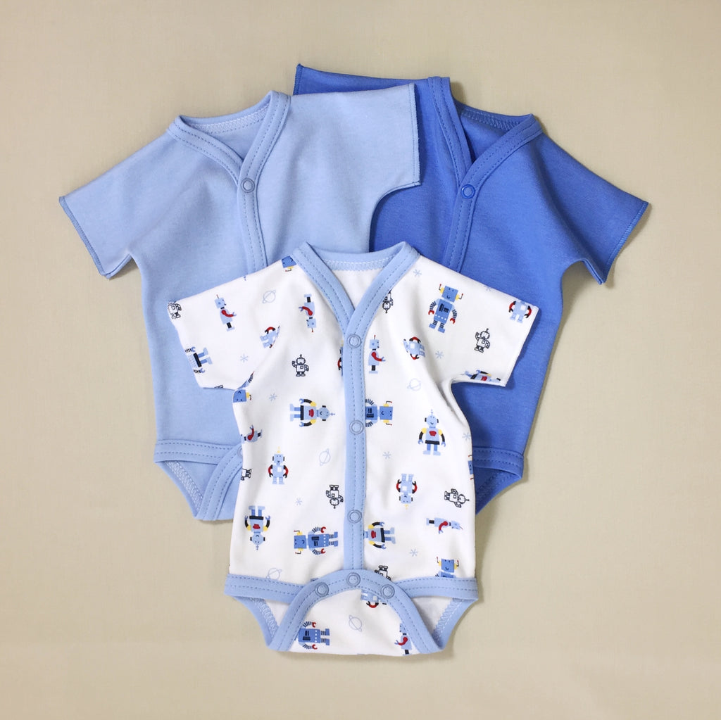 3 Pack Baby Bodysuit, One Light Blue, One Dark Blue, One white with blue stripe and robot print