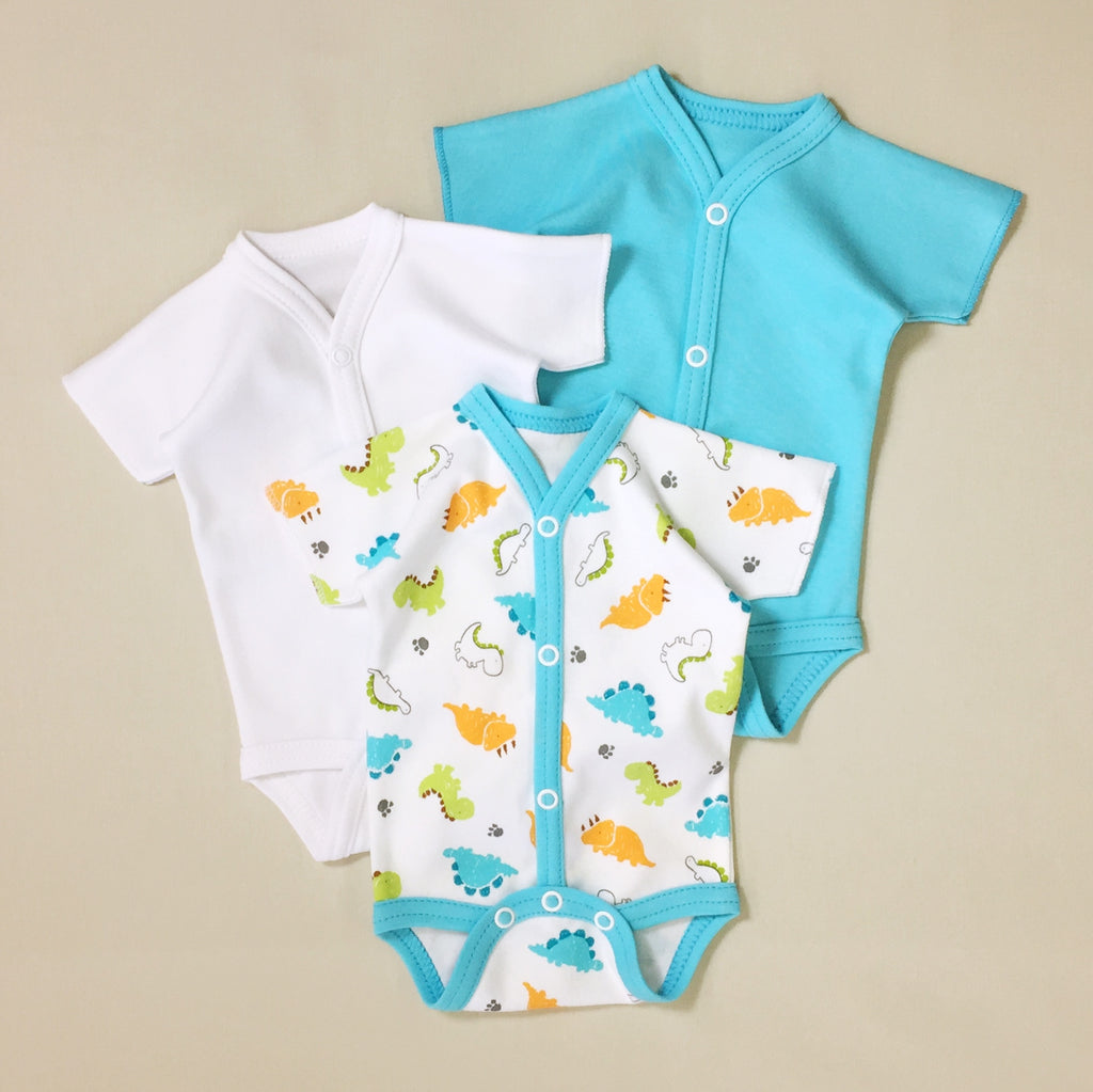 3 Pack Premature Baby Bodysuit. 1 Blue, 1 White, 1 Dino print, Snap Opening