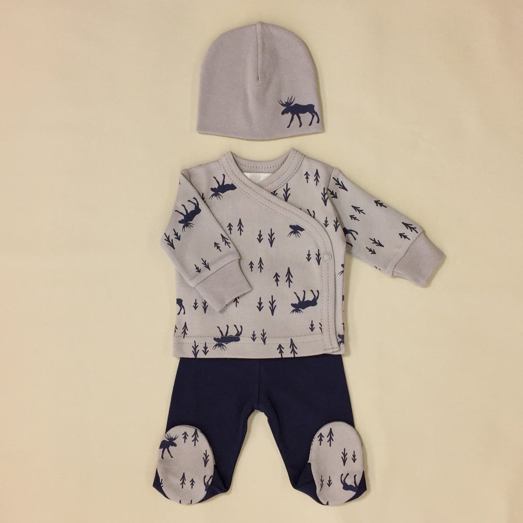 Grey And Navy Moose Print Tee And Pants Set With Matching Hat