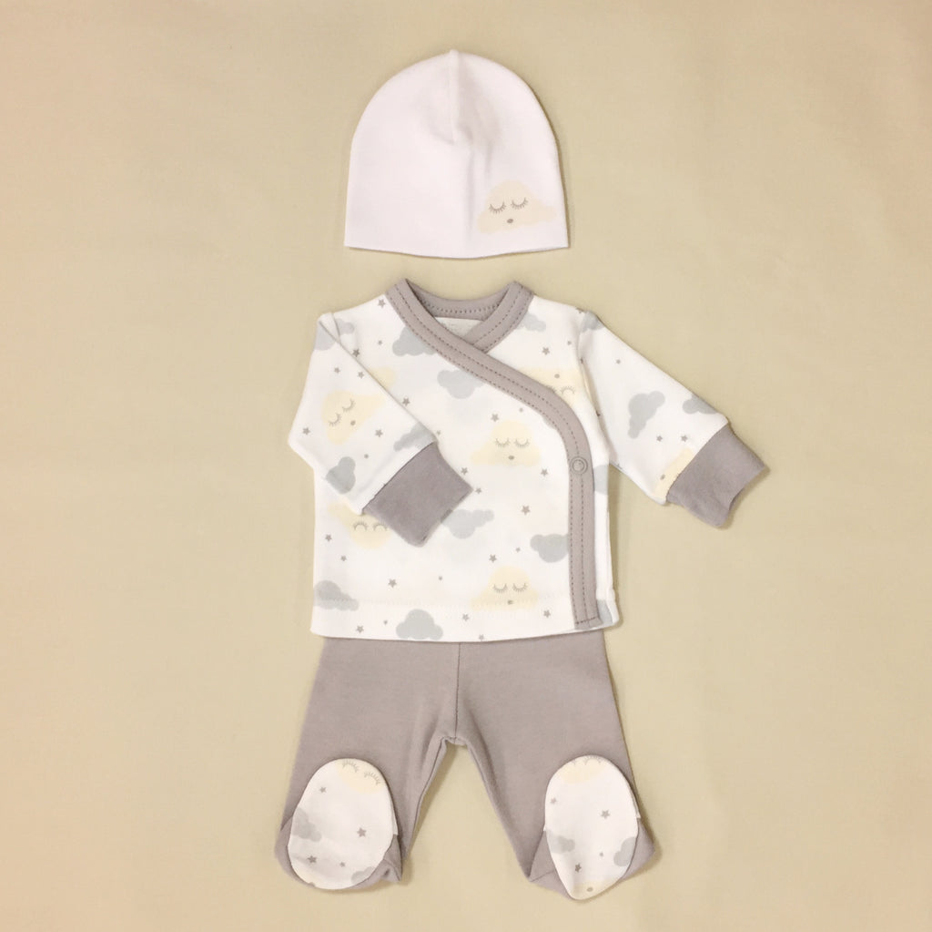 Grey And White With Cloud Print Tee And Pants set With Matching Hat