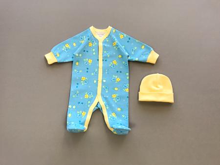 Blue And Yellow Premature Babygrow With Matching Yellow Hat