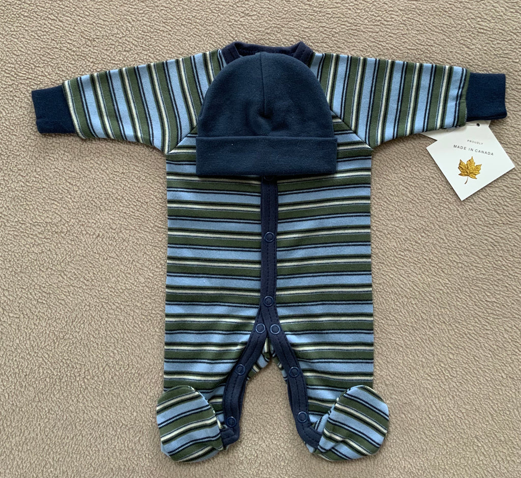 Navy Stripe Babygrow Set With Matching Navy Hat